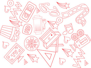 Whimsical hand drawn doodle pattern of various objects and shapes in soft pink and peach tones