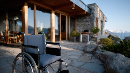 An empty wheelchair positioned on a rocky pathway near a modern stone house, showcasing a blend of architecture and nature in a tranquil environment.