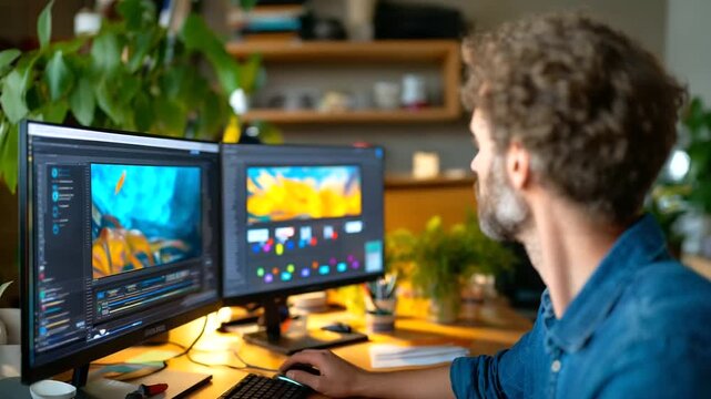 Professional in a home office with a dual-monitor setup, engaging in virtual collaboration with a team, dual-monitor remote work, digital nomad workspace, virtual team productivity