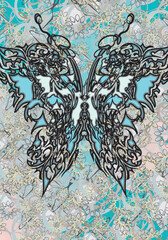 Vertical butterfly motifs for carpets or dynamic posters. Textural backdrop in tribal style for invitation cards, fashion trends, business concepts, covers, interior solutions, tiles, prints, etc.