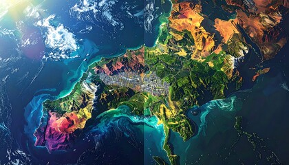 Stunning Aerial View of a Colorful Coastal Region with City and Water