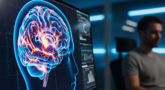 Dynamic glowing brain visualization on computer screen with data charts and blurred scientist in modern lab - Powered by Adobe