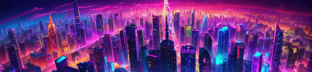 Epic cyberpunk metropolis panorama painted with fiery orange and electric purple