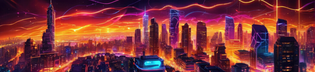 Epic cyberpunk metropolis panorama painted with fiery orange and electric purple