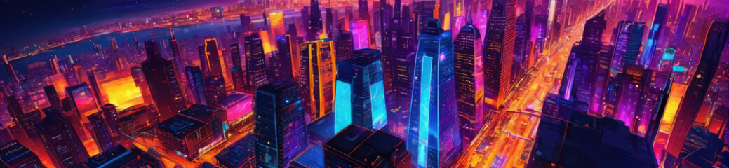 Epic cyberpunk metropolis panorama painted with fiery orange and electric purple