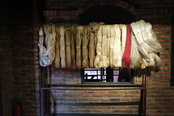 Cinematic video of silkworms hatching, feeding on mulberry leaves, spinning cocoons, and silk...