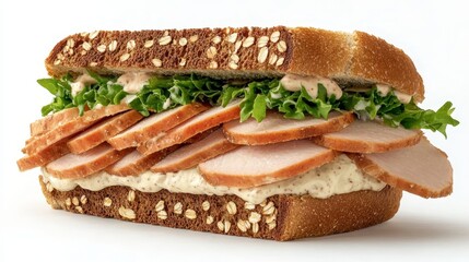 A Tasty Turkey Sandwich with Lettuce and Mayonnaise on Whole Wheat Bread Served on a Plate