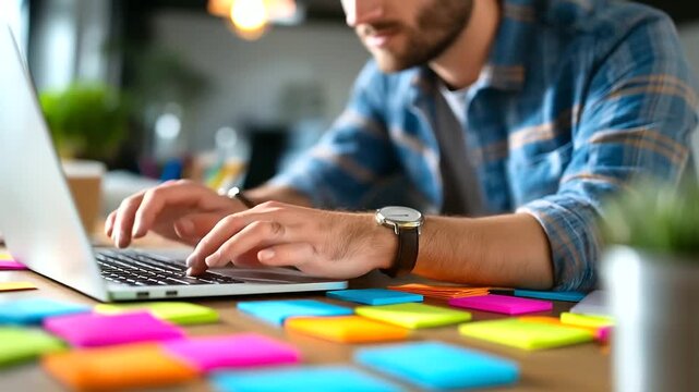 Remote worker in a modern home office, using a laptop for virtual team brainstorming with sticky notes, remote work brainstorming notes, digital nomad workspace, virtual collaborat