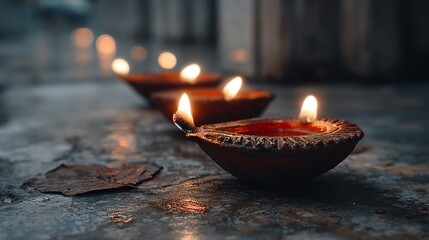 Row of lit diya lamps on textured surface, glowing softly with blurred background