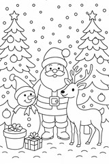 Santa Claus with snowman and reindeer in winter scene for coloring