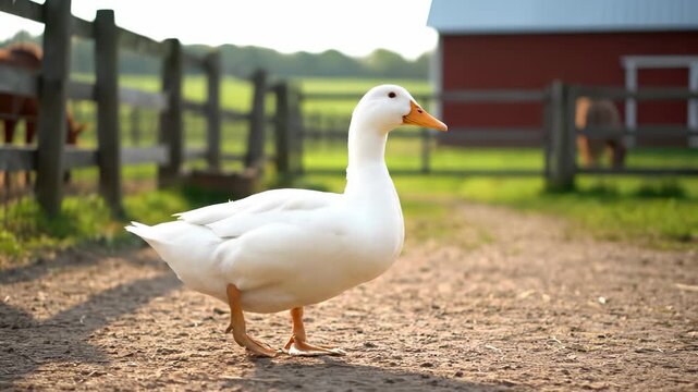 A duck walks along a farm path with a red barn and a horse in the background. The duck continues to stroll as the horse grazes, enjoying the farm scenery and atmosphere.