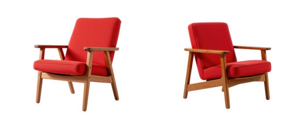 Vintage Mid-Century Modern Red Armchairs with Wooden Frames