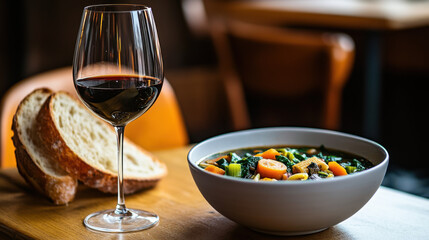 Close Up Delicious Vegetable Soup with Bread and Wine, Culinary Still Life