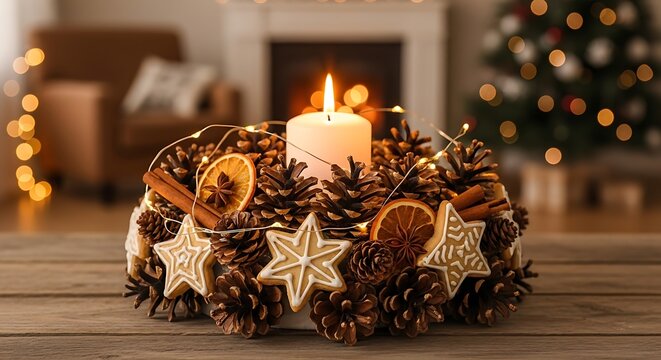 Festive christmas wreath with candle, pine cones, and dried orange slices