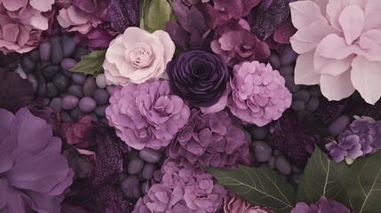Obraz premium Floral arrangement in purple hues, blossoms, leaves, and pebbles background