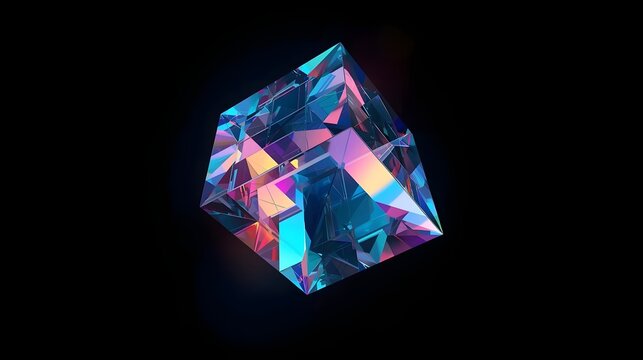 Abstract glowing cube with metallic hues floating in black space, 3D render.