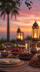 Naklejka premium A serene iftar table setting at sunset, with dates, water, and lanterns, creating a warm and inviting atmosphere for ramadan