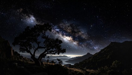 Naklejka premium Stunning night sky with milky way galaxy over a mountain landscape
