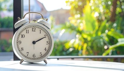 Vintage White Alarm Clock on Table with a Beautiful Green Nature Background