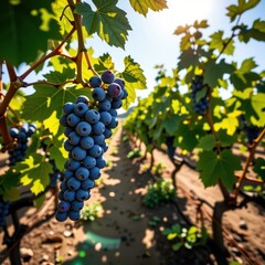 Naklejka premium Sun-drenched vineyard bursting with ripe blue grapes, leaves glistening under the bright sunlight, nature, fruit, vineyard