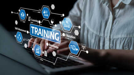 Explore the transformative power of training and professional development through e-learning, featuring interactive digital elements and a laptop in focus. Tessel