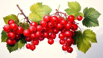 Watercolor Illustration of Red Currants with Green Leaves and White Background