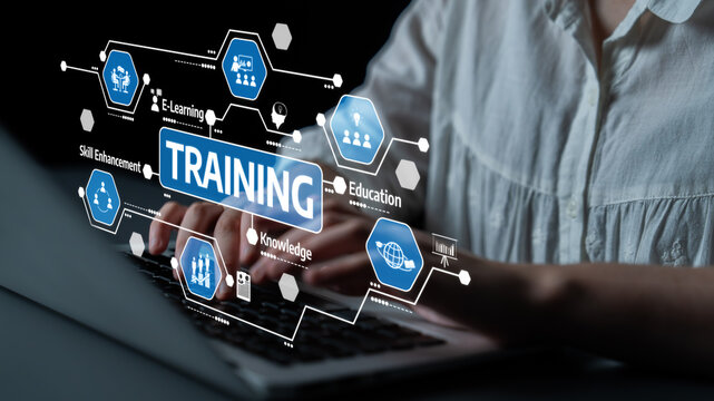 Explore the transformative power of training and professional development through e-learning, featuring interactive digital elements and a laptop in focus. Tessel