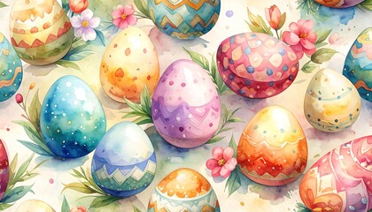 Watercolor Easter Eggs and Flowers Seamless Pattern, Festive Decorative Background
