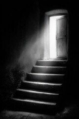A grayscale photo of a staircase leading to an open door bathed in bright light