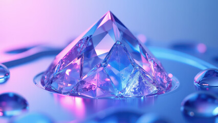 Shiny crystal pyramid with neon purple and blue reflections
