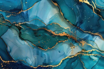 Fototapeta premium Alcohol Ink Fluid Pattern – Turquoise with Gold Metallic Veins