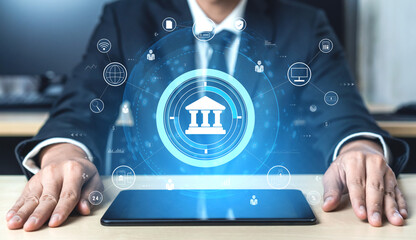 A global FinTech and digital banking network technology concept. A central financial system...