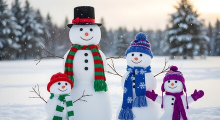 Obraz premium Cheerful snowman family standing in a snowy field during a winter wonderland day