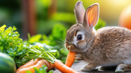 Close Up Adorable Brown Rabbit Eating Fresh Orange Carrot Outdoors