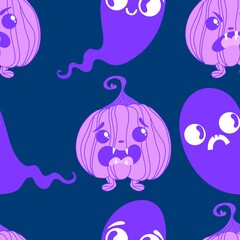 Autumn harvest vegetable seamless monster Halloween pumpkins pattern for wrapping paper and fabrics