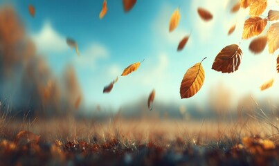 Golden autumn leaves cascade against a bright blue sky, with blurred trees in the distance