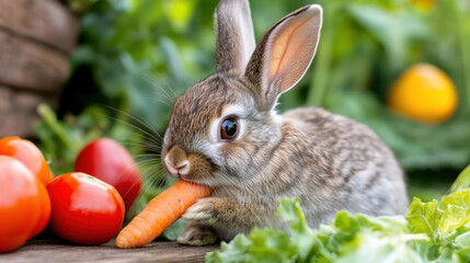 Close Up Adorable Brown Rabbit Enjoying Fresh Carrot In Garden
