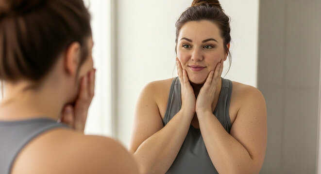 beautiful curvy woman with an updo hairstyle looks into mirror touching her face with confident and self accepting expression