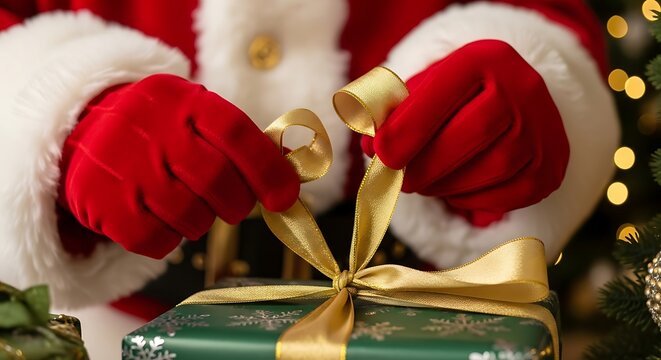 Santa's hands tying a golden ribbon on a green christmas present close up shot