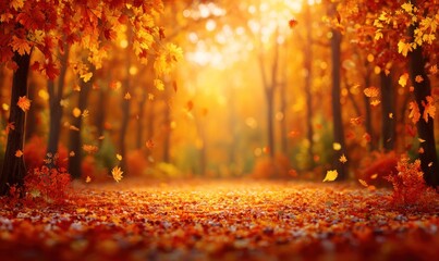 A vibrant forest path glows with warm autumn hues, falling leaves drift down toward the viewer