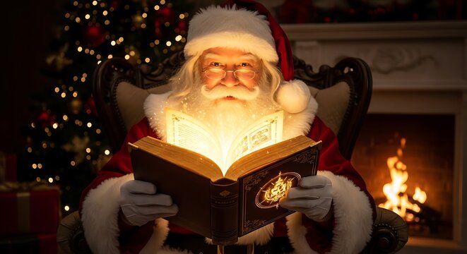 Santa claus reading a magical book by the fireplace on christmas eve night