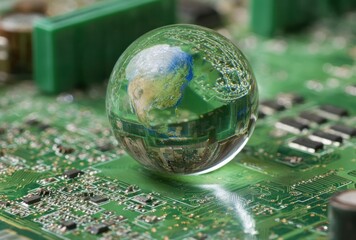 A glass sphere displaying Earth's continents, resting on a detailed circuit board surface
