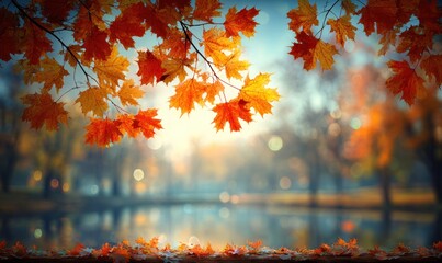 Autumn scene with vibrant orange leaves hanging over a blurred lake with sunlight