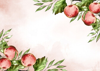 Watercolor frame with apples, leaves, and branches. Perfect template for invitations, cards, posters, packaging, seasonal design, kitchen decor, and autumn harvest illustrations.