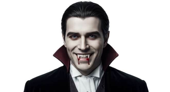 Vampire man with fangs and dripping blood isolated