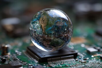 A glass sphere reflecting Earth sits atop a circuit board, blurring a macro view of both
