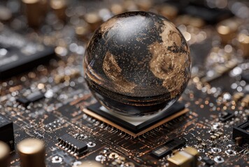 A reflective globe sits atop a circuit board, symbolizing the digital world
