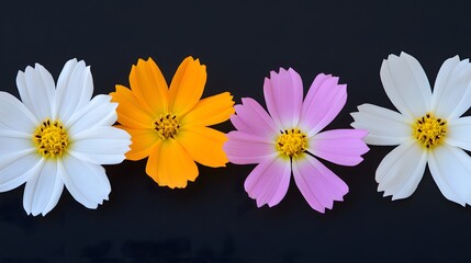 Obraz premium Four Colorful Cosmos Flowers in a Row on a Dark Background
