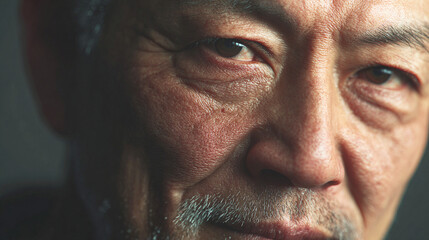 Obraz premium Close-up portrait of an older Asian man's face with expressive eyes, showing natural skin texture and grey mustache/beard, captured in a detailed studio shot with dramatic lighting.