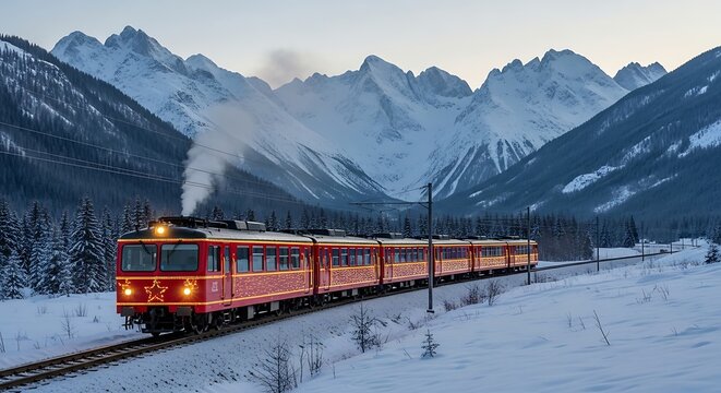 Red train travels through a snowy landscape with mountains in the background - Powered by Adobe